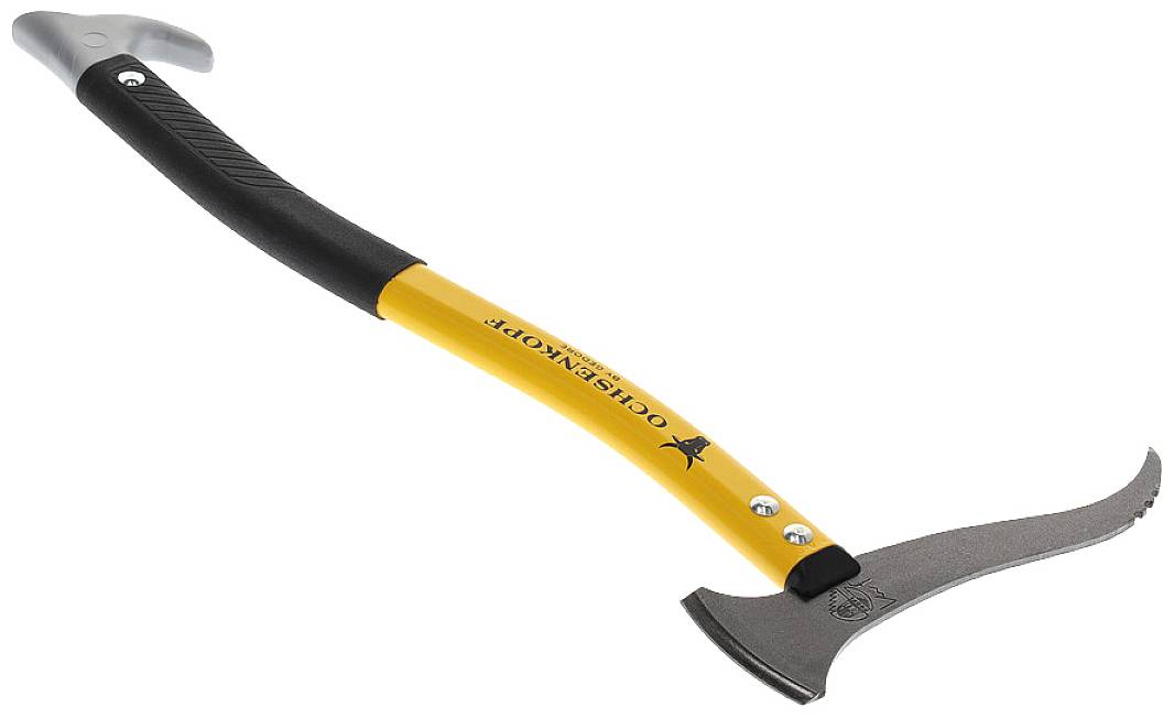 Ein gelber Handwerkzeughaken mit schwarzem Griff und Metallklinge, genutzt im Bauwesen zur Handhabung von Holz oder Baumstämmen.