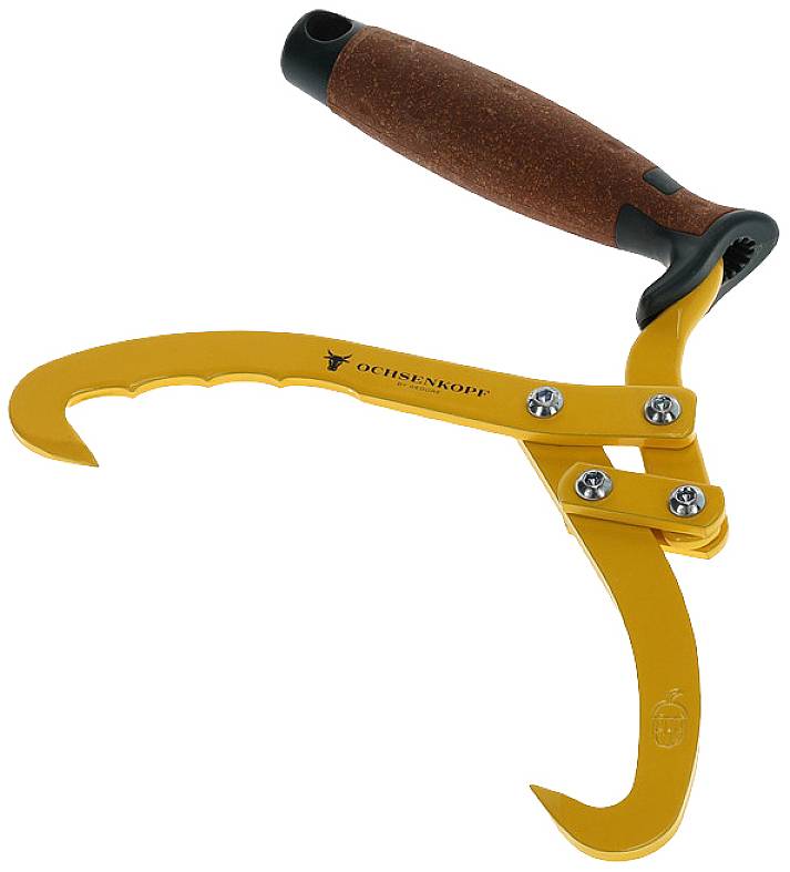 Holzzange mit gelbem, gebogenem Krallenhaken und braunem Griff, geeignet zum Greifen und Heben von Baumstämmen.