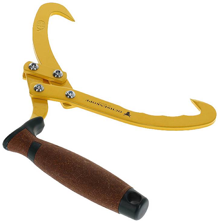 Ein gelbes Handwerkzeug mit Haken und einem ergonomischen Griff, vermutlich ein Baumkletterwerkzeug zum Halten oder Greifen von Ästen.