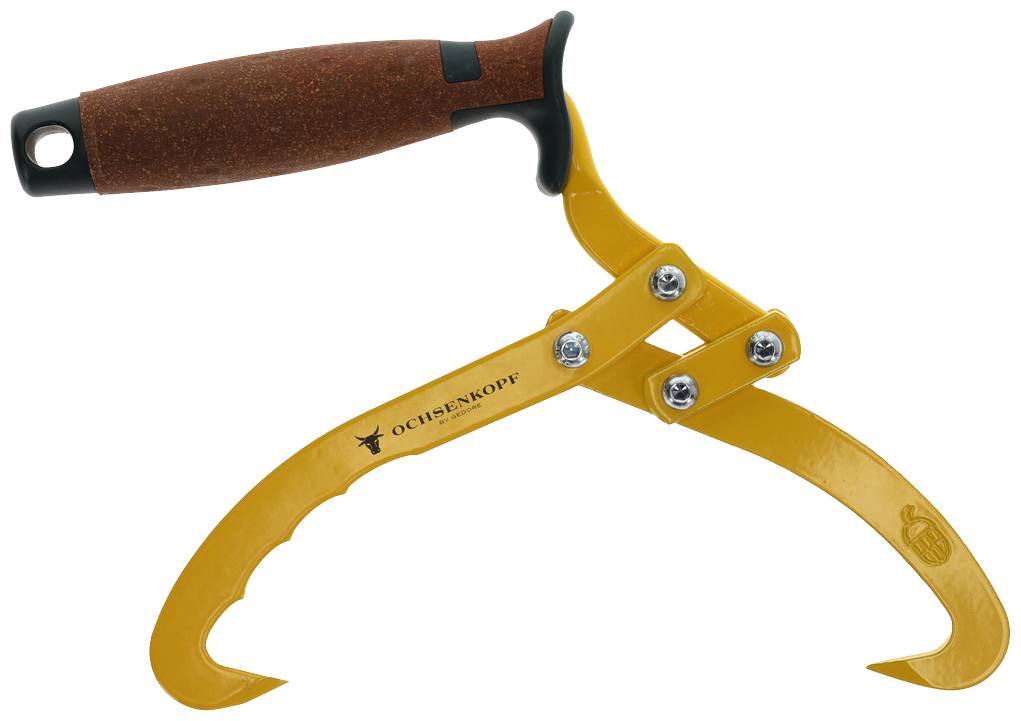 Ein gelbes Hebewerkzeug mit zwei gezackten Klingen und einem braunen Griff. Es dient zum Greifen und Heben von Holz.