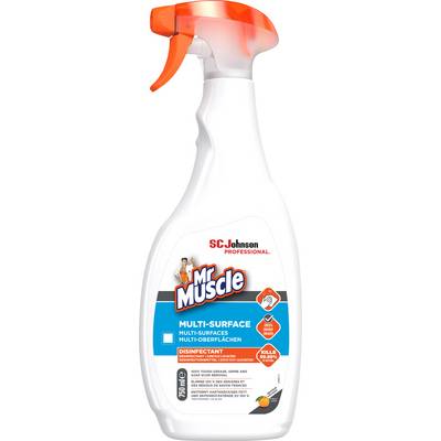 'Mr Muscle Multi-Oberflächen-Desinfektionsmittel' Flasche mit orangem Sprühkopf, 750 ml, tötet 99,99% Bakterien und Viren.