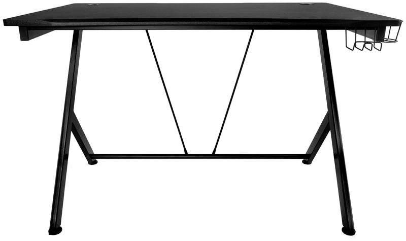 Schwarzer Schreibtisch mit L-förmigen Beinen und einem seitlichen Metallkorb. Ideal für modernes Büro- oder Gaming-Setup.