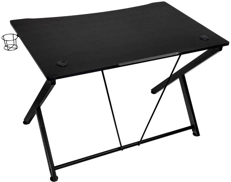 Ein schwarzer Schreibtisch mit schlankem, modernem Design, einem Getränkehalter auf der linken Seite und stabilen Metallbeinen.