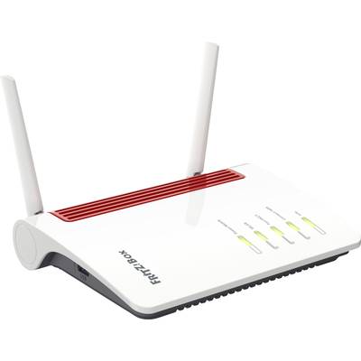 Ein weißer Router mit zwei Antennen, beschriftet mit 'FRITZ!Box'. Vier Leuchtanzeigen für WLAN, Telefonie, Internet und Power.
