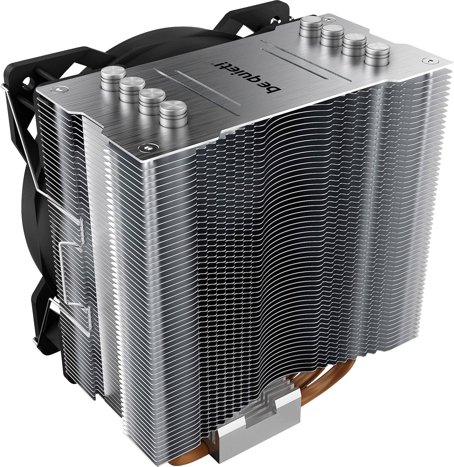 Metallischer CPU-Kühler mit mehreren Aluminiumlamellen und Kupferbasis. Aufschrift 'be quiet!' sichtbar. Design betont Luftkühlung.