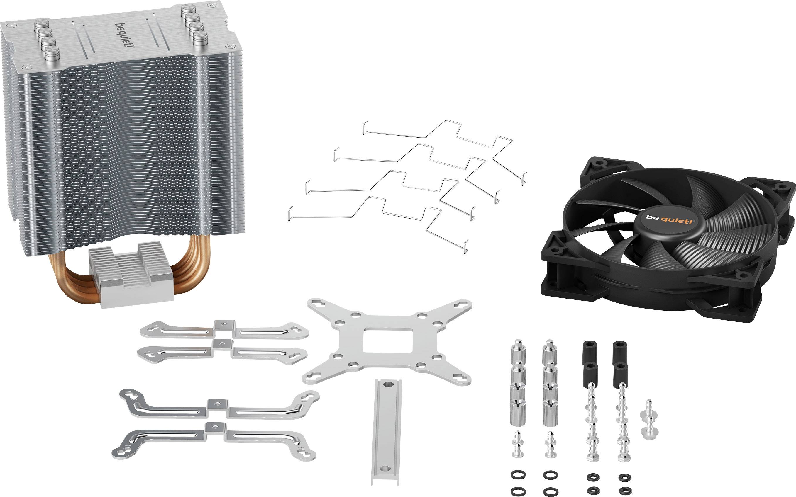 Teile eines CPU-Kühlers, einschließlich Kühlkörper, Lüfter, Montagehalterungen und Schrauben.
