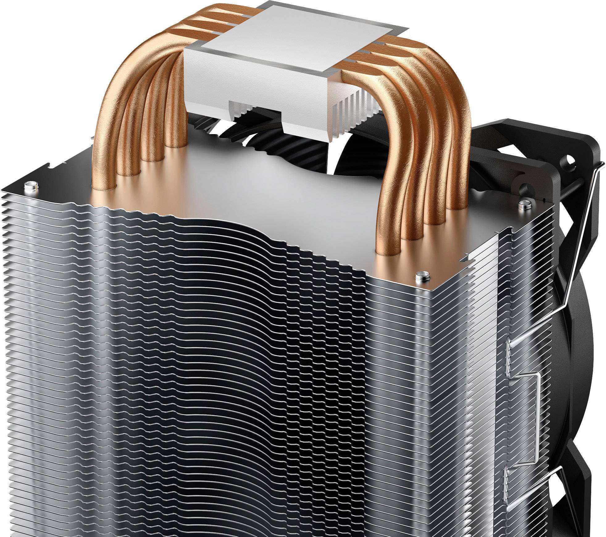 'Kühler mit Kupfer-Heatpipes und Aluminiumlamellen zur Wärmeableitung, geeignet für den Einsatz in Computern zur CPU-Kühlung.'