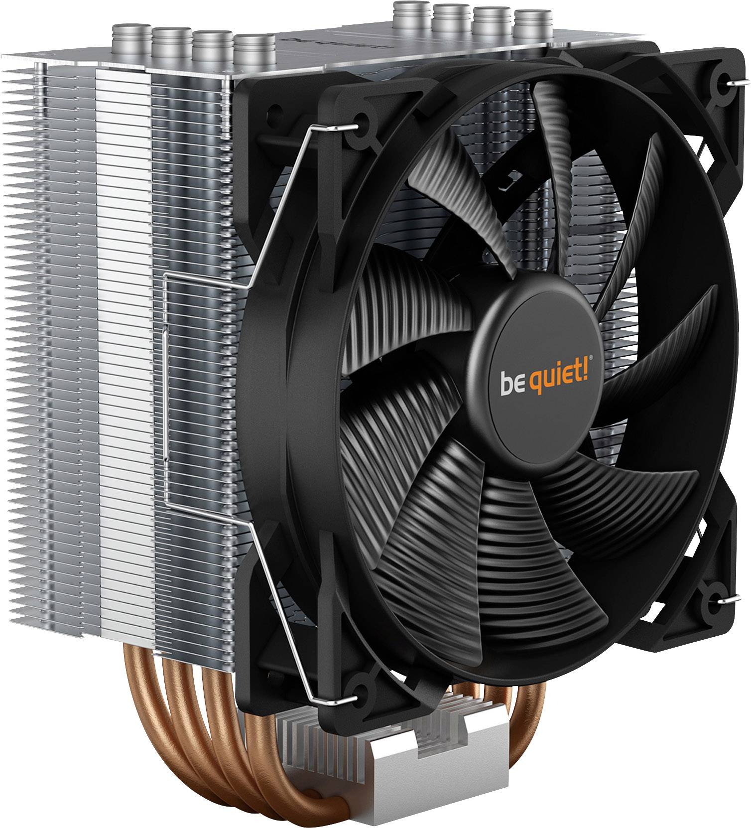PC-Kühler mit Lüfter, Kühllamellen aus Metall, vier Kupfer-Heatpipes, Logo 'be quiet!' auf dem Lüfter. 