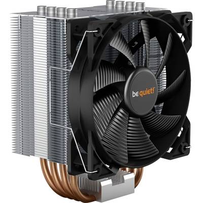 PC-Kühler mit Lüfter, Kühllamellen aus Metall, vier Kupfer-Heatpipes, Logo 'be quiet!' auf dem Lüfter.