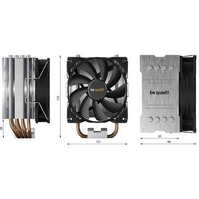 Drei Ansichten eines CPU-Kühlers: Seitenansicht zeigt Kühlrippen und Heatpipes, Frontansicht mit großem Lüfter, Oberseite mit Logo und Schrauben. Maße: 155 mm Höhe, 121 mm Breite, 88 mm Tiefe.