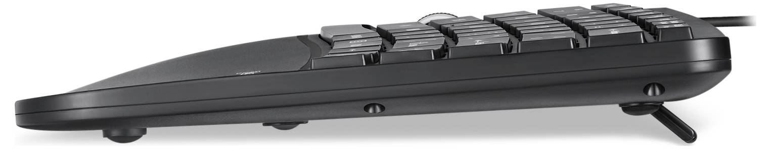 Seitliche Ansicht eines schwarzen, ergonomischen Nummernblocks mit angewinkelten Tasten und einem aufstellbaren Fuß zur Anpassung der Neigung.