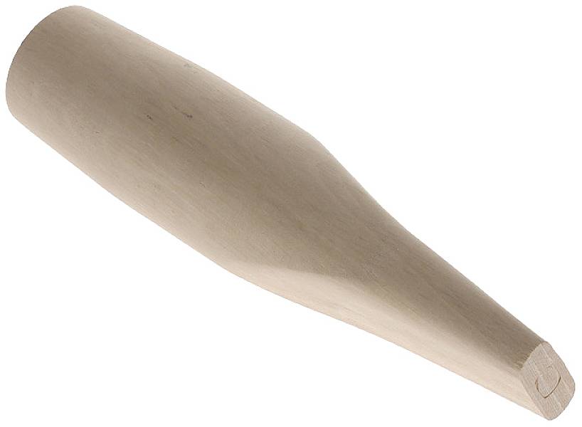 Ein kegelförmiger Holzgriff, wahrscheinlich für ein Werkzeug oder einen Hammer, liegt auf einer hellen Oberfläche.