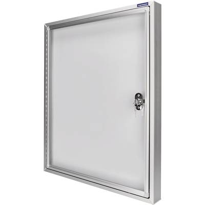Abschließbare, silberne Aluminium-Schaukästen mit einem großen, durchsichtigen Vorderteil und einem Schloss mit Schlüsseln.