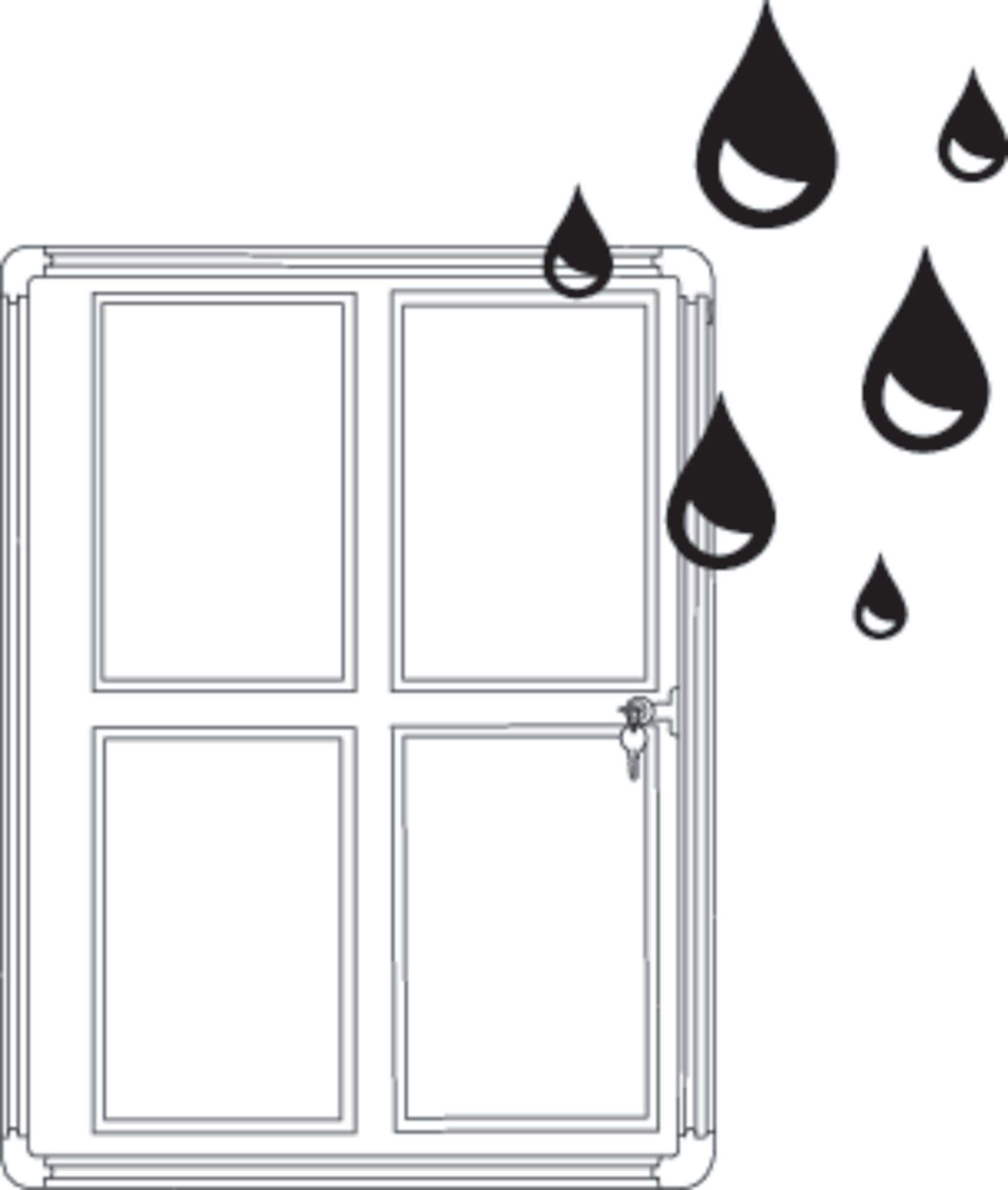 Ein geschlossenes Fenster mit mehreren Regentropfen, die von außen dagegen prallen, symbolisiert Regenwetter.