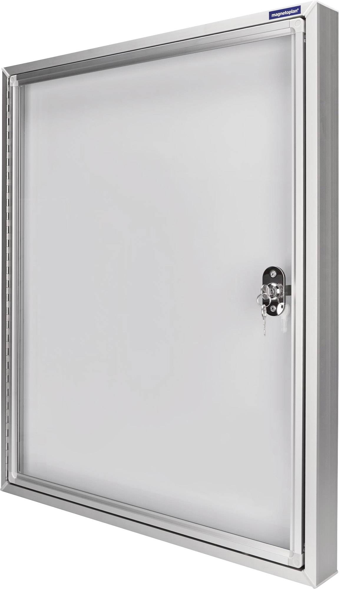 Metallschaukasten mit Glastür und Schloss, geeignet zur Wandmontage; verwendet zur Präsentation von Informationen oder Aushängen.