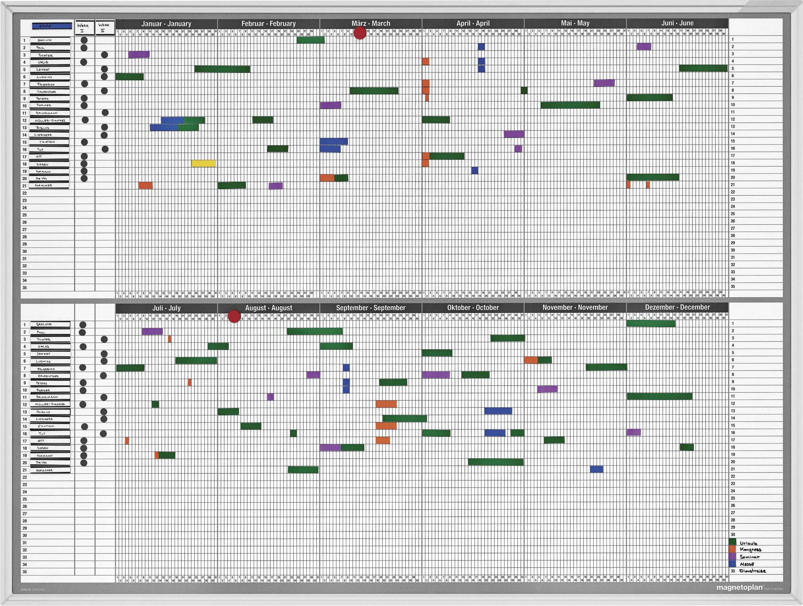 'Projektzeitplan auf einem Whiteboard mit Monaten Januar bis Dezember oben aufgeführt. Verschiedene farbige Balken zeigen Zeiträume für mehrere Projekte an. Legende rechts unten kennzeichnet Farben für unterschiedliche Phasen.'