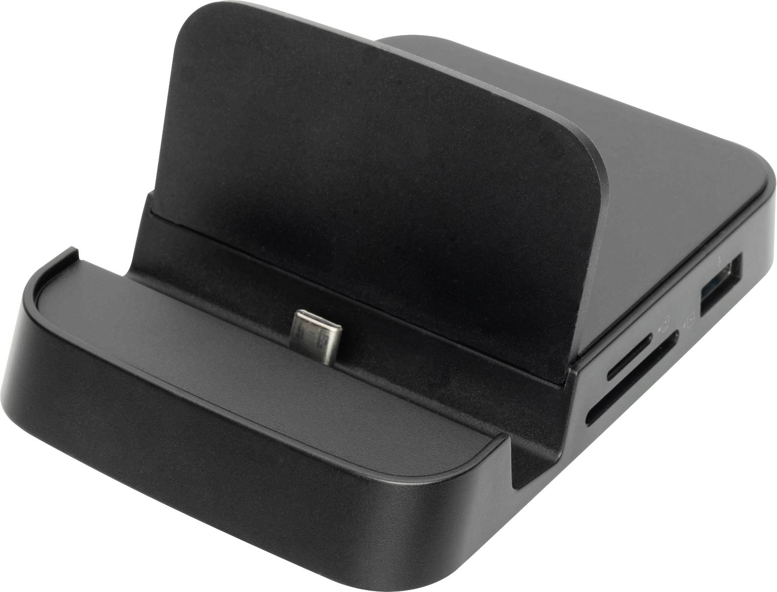 Schwarze Dockingstation mit USB-C-Anschluss, Kartenleser und USB-Anschlüssen, geeignet zum Laden und Datenaustausch von Geräten.