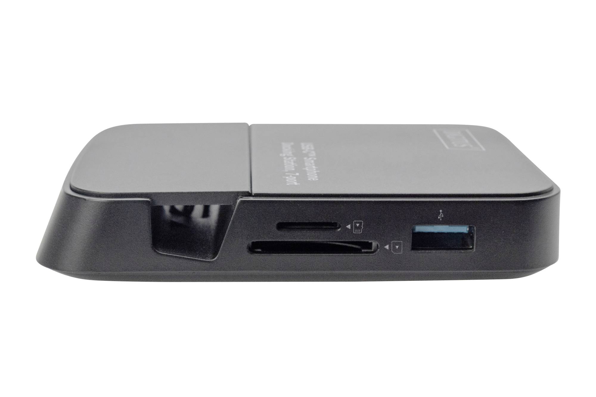 Ein schwarzer Kartenleser mit zwei Kartenschlitzen und einem USB-Anschluss an der Seitenansicht.