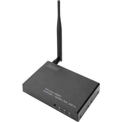 Ein schwarzer drahtloser HDMI-Extender mit Antenne zur Signalverlängerung, Markenaufdruck 'DIGITUS', geeignet für bis zu 100 m.