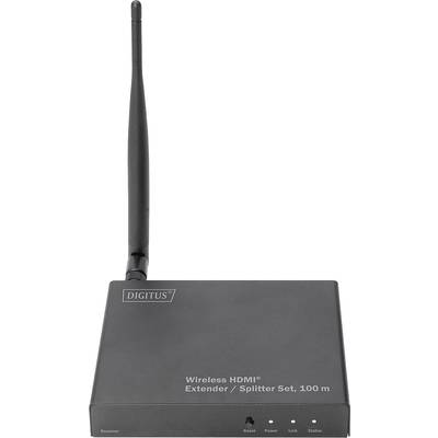 Ein schwarzer drahtloser HDMI-Extender von Digitus mit einer Antenne, geeignet für 100 Meter.