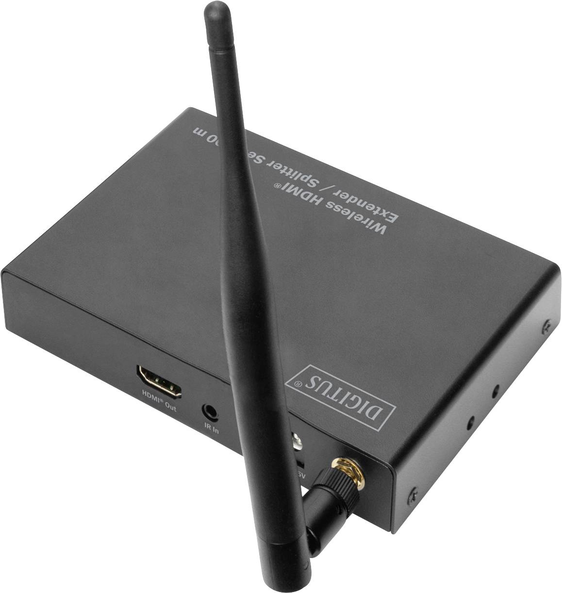 Ein schwarzer kabelloser HDMI-Extender mit einer hervorstehenden Antenne, mehreren Anschlussmöglichkeiten und der Aufschrift 'DIGITUS'.