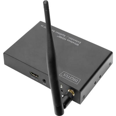 Ein schwarzer kabelloser HDMI-Extender mit einer hervorstehenden Antenne, mehreren Anschlussmöglichkeiten und der Aufschrift 'DIGITUS'.
