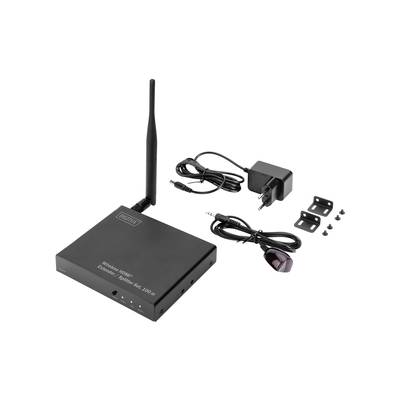 WLAN-Antenne mit Netzteil und zwei Montagehalterungen, ausgelegt für drahtlose Audio-/Videosignale. Enthält Verbindungskabel und Schrauben.