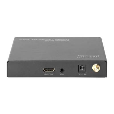 Ein schwarzer drahtloser HDMI- und IR-Extender mit Anschlüssen für HDMI-Ausgang, IR-Eingang und DC-Stromversorgung 5V.
