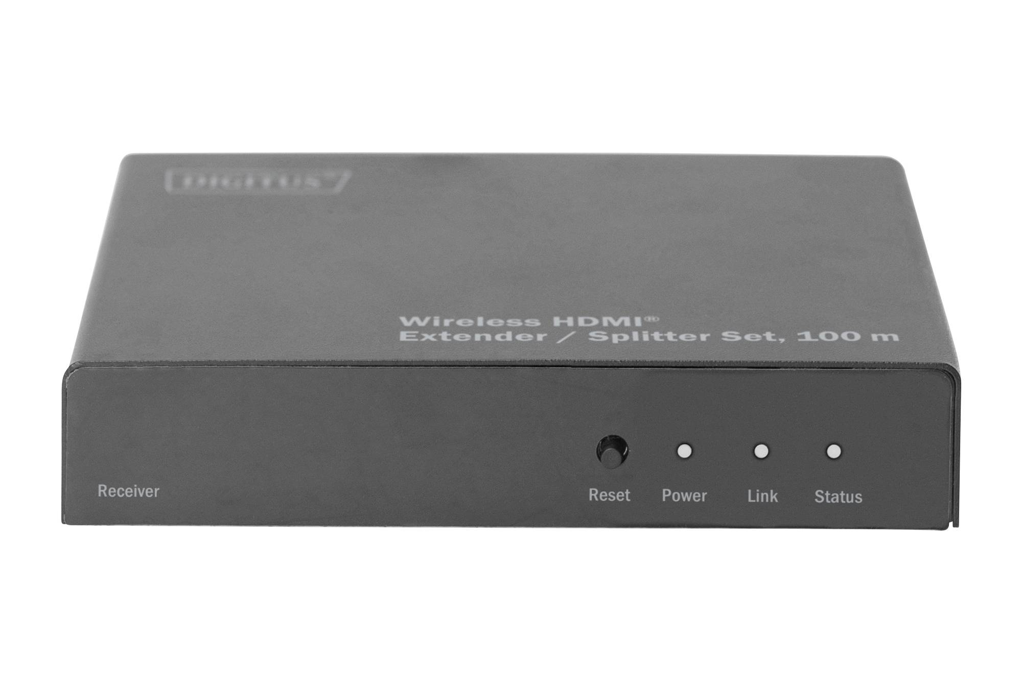 Ein 'Wireless HDMI Extender/Splitter' mit 100 m Reichweite und LED-Anzeigen für 'Reset', 'Power', 'Link', 'Status'.
