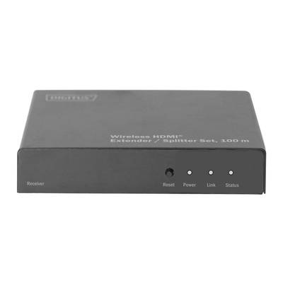 Ein 'Wireless HDMI Extender/Splitter' mit 100 m Reichweite und LED-Anzeigen für 'Reset', 'Power', 'Link', 'Status'.