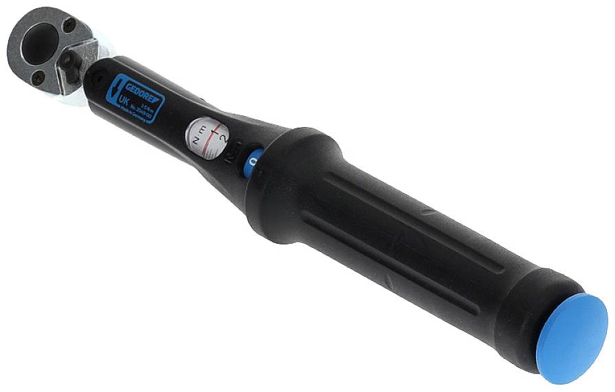 Drehmomentschlüssel mit schwarzem Griff und blauem Ende, zeigt eine Skala in 'Nm', geeignet für präzises Anziehen von Schrauben.