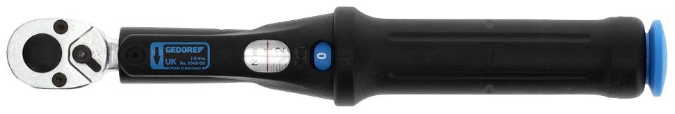 Ein Drehmomentschlüssel mit schwarzem Griff, glänzendem Metallkopf und einem kleinen Anzeigezifferblatt zur Drehmomenteinstellung.