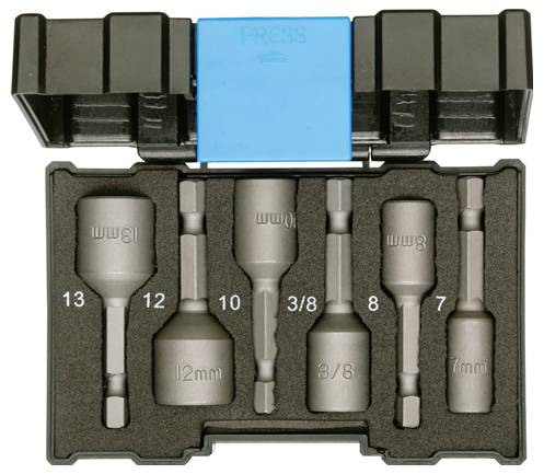 Ein Satz von sechs Sechskant- und Torx-Steckschlüsseln in einem schwarzen Koffer, beschriftet mit den Größen 17 mm, 19 mm, 21 mm und 3/8 Zoll, in Schaumstoffeinlagen organisiert.