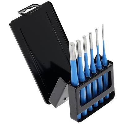 Ein Set von sechs blauen Splinttreibern in einem offenen schwarzen Etui, das die Werkzeuge in verschiedenen Größen präsentiert.