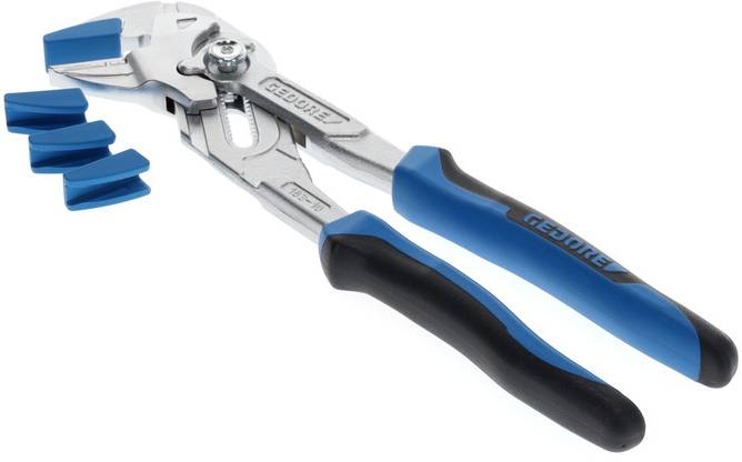 Eine verstellbare Zange mit blau-schwarzen Griffen und austauschbaren Einsätzen für verschiedene Werkzeugeinsätze.
