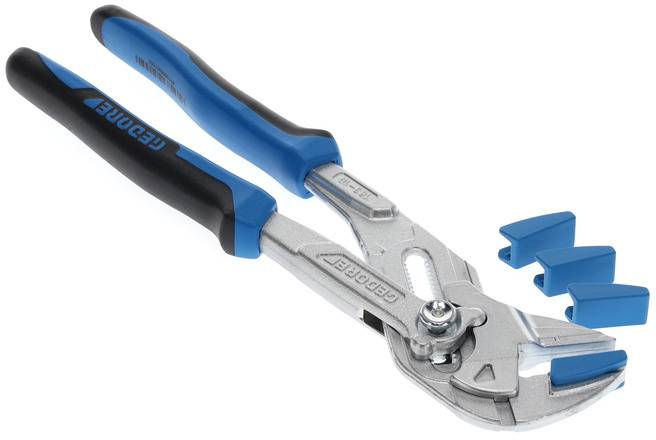 Zange mit blauen Griffen und verstellbaren Backen. Geeignet zum Fixieren und Greifen von Objekten unterschiedlicher Größe. Enthält drei blaue Abstandshalter.