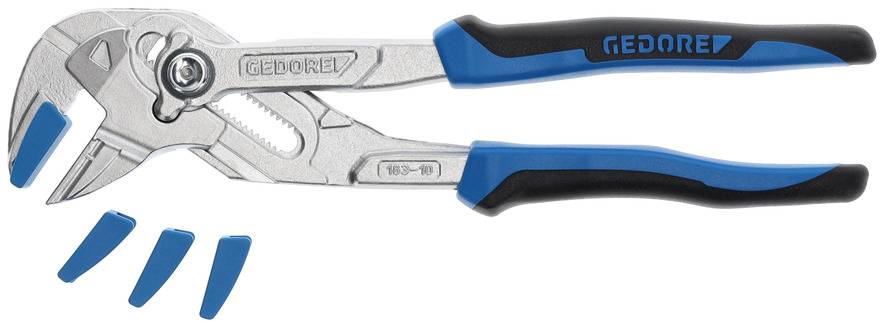 Zange mit blau-schwarzen Griffen und verstellbarem Greifkopf, Marke 'GEDORE'. Vier blaue Abdeckungen liegen daneben.