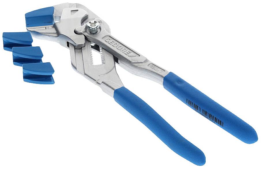 Eine verstellbare Zange mit blauen Griffen, ideal zum Greifen und Halten von Gegenständen. Neben der Zange liegen vier blaue Abdeckungen.