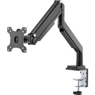 Monitorhalterung mit verstellbarem Arm, schwarzes Metall, geeignet zur Befestigung an Schreibtischen, kompatibel mit VESA-Standards.