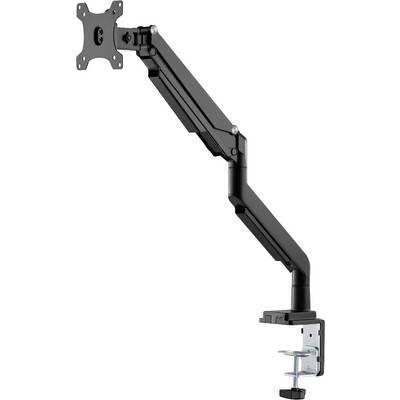 Schwarzer Schwenkarm für Monitore, an Tischkante befestigt, flexibel verstellbar, für ergonomische Arbeitsplatzanpassungen.