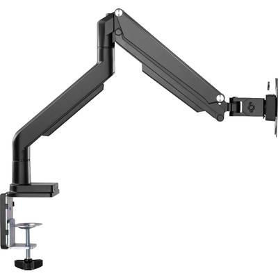 Ein schwarzer, verstellbarer Monitorarm mit einer Klemme zur Befestigung an einem Schreibtisch, geeignet zur ergonomischen Platzierung von Bildschirmen.