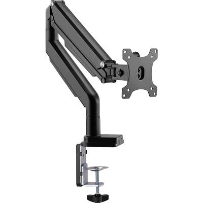 Schwarzer verstellbarer Monitorarm aus Metall mit Klemme zur Befestigung an einem Tischrand, geeignet für Bildschirmhalterung.