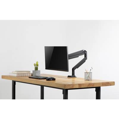 Ein moderner, aufgeräumter Schreibtisch mit Monitorarm, Monitor, Tastatur, Maus, Kaktuspflanze, Bücherstapel und Stiftehalter.