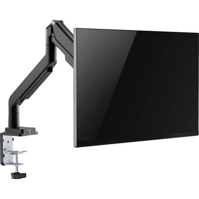Ein schwarzer Computermonitor ist an einem beweglichen Arm montiert, der an einem Schreibtisch befestigt ist.