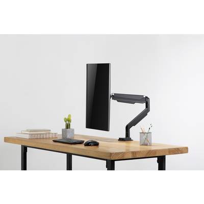 Ein moderner Schreibtisch mit einem Bildschirm an einem schwenkbaren Arm, einer Tastatur, einer Maus, Büchern, einem kleinen Kaktus und Schreibutensilien.