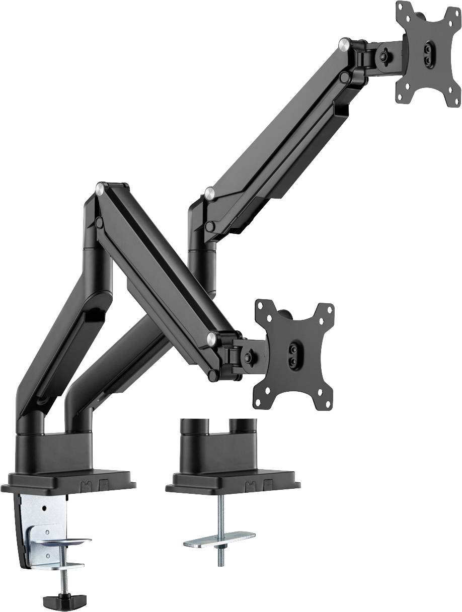 Ein schwarzer, doppelter Monitorarm aus Metall mit verstellbaren Gelenken und Tischklemmen zur Befestigung von zwei Monitoren.