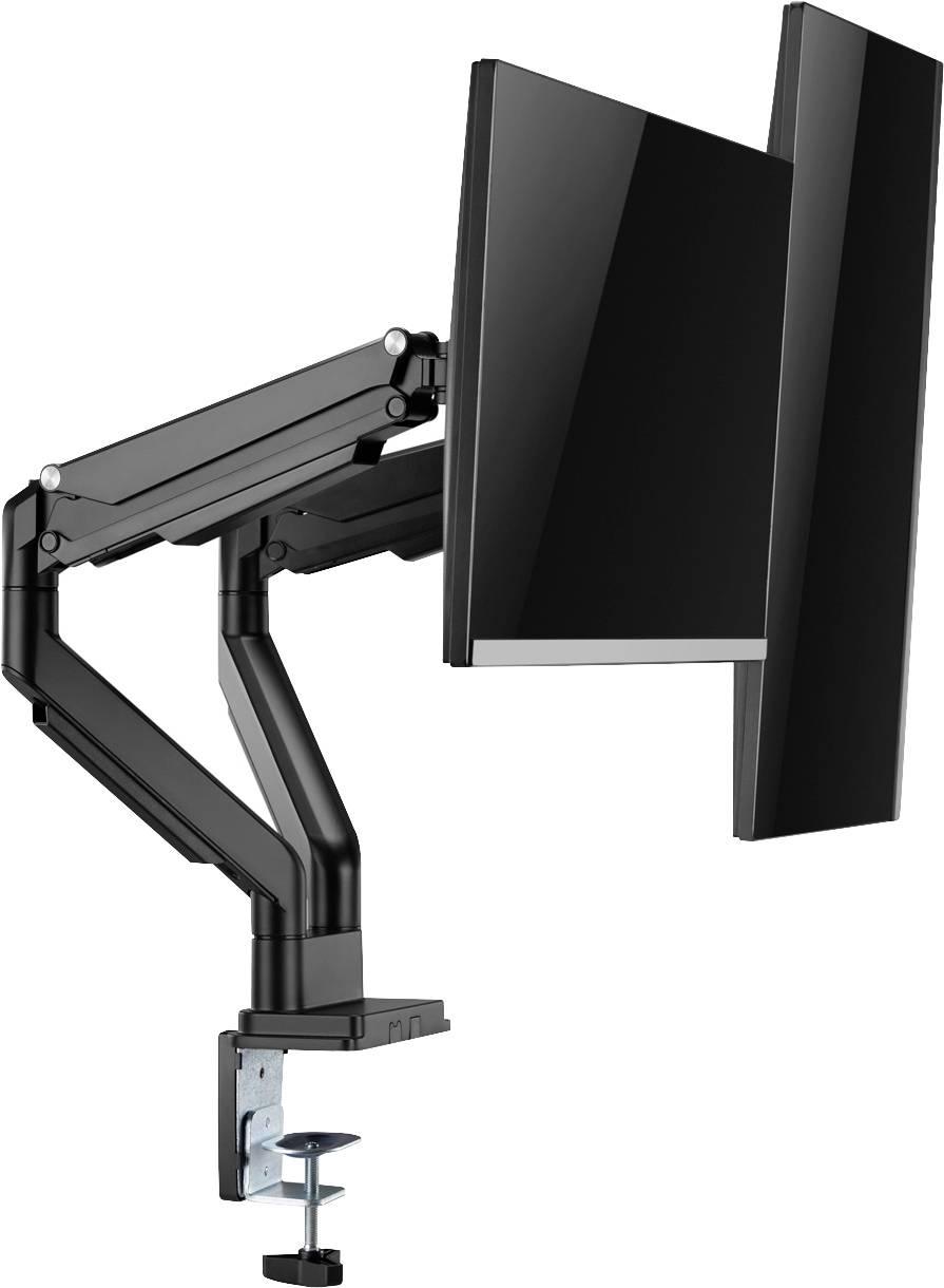 Ein schwarzer Monitorarm mit verstellbarem Gelenk hält einen Monitor und ist an einem Tisch befestigt. Ideal für flexible Bildschirmpositionierung.