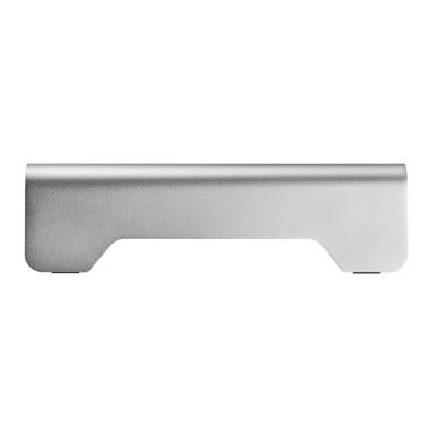 Ein silberner, metallener Monitorständer mit einem einfachen, modernen Design, geeignet zur Erhöhung eines Computermonitors.