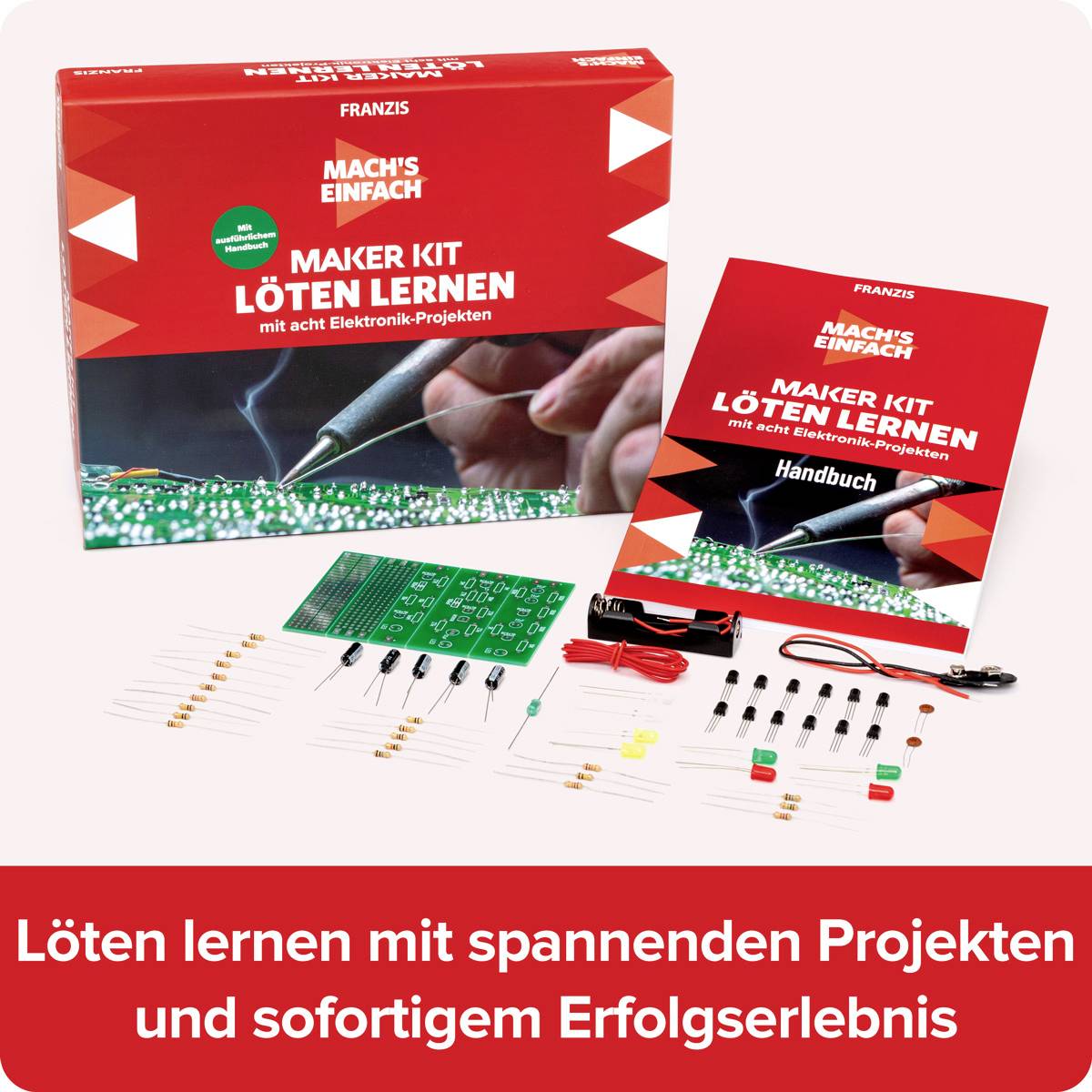 'Löten lernen mit spannenden Projekten und sofortigem Erfolgserlebnis' auf einem Karton mit Zubehör und Handbuch für Elektronikprojekte.