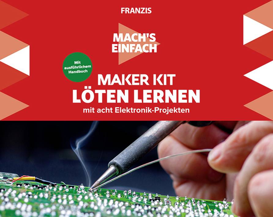 'Mach's einfach: Maker Kit Löten lernen' von Franzis. Bild zeigt eine Hand, die mit einem Lötkolben an einer Leiterplatte arbeitet.